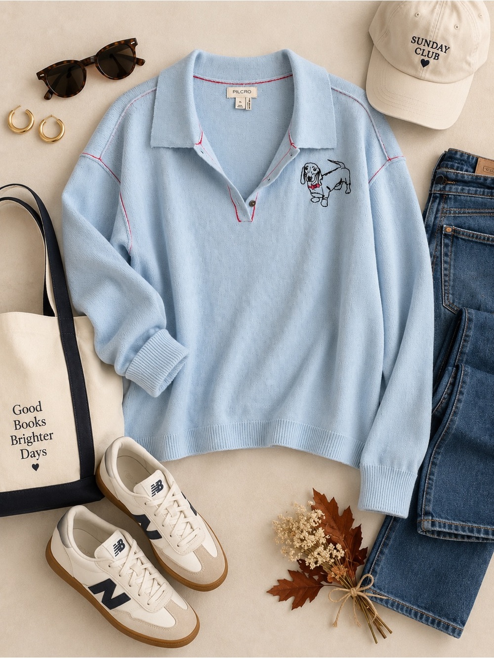 Pilcro Baby Blue V-Neck Polo Sweater with Dog Embroidery